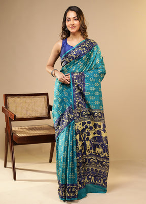 Blue Printed Pure Silk Saree Without Blouse Piece