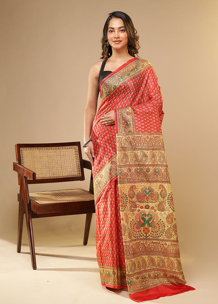 Red Printed Pure Silk Saree Without Blouse Piece