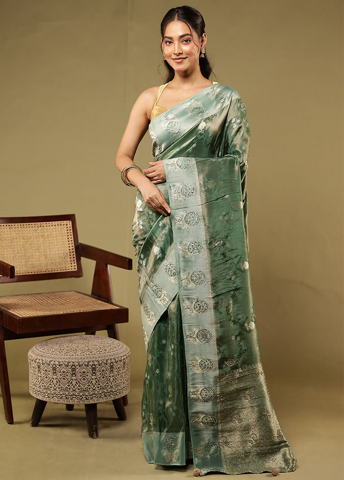 Green Handloom Pure Georgette Saree With Blouse Piece