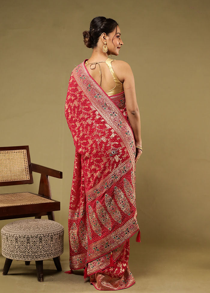 Pink Handloom Pure Georgette Saree With Blouse Piece