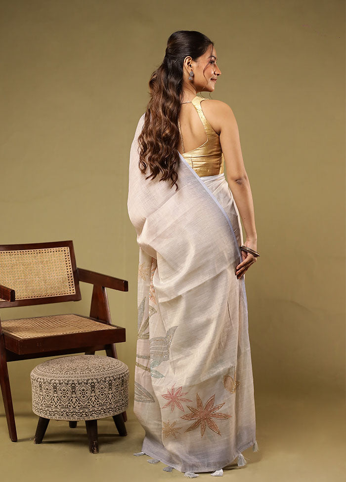 Cream Linen Silk Saree With Blouse Piece