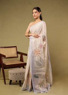 Cream Linen Silk Saree With Blouse Piece