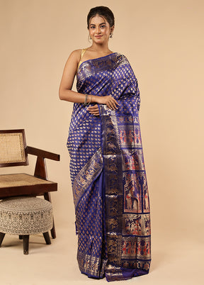 Blue Handloom Baluchari Pure Silk Saree With Blouse Piece
