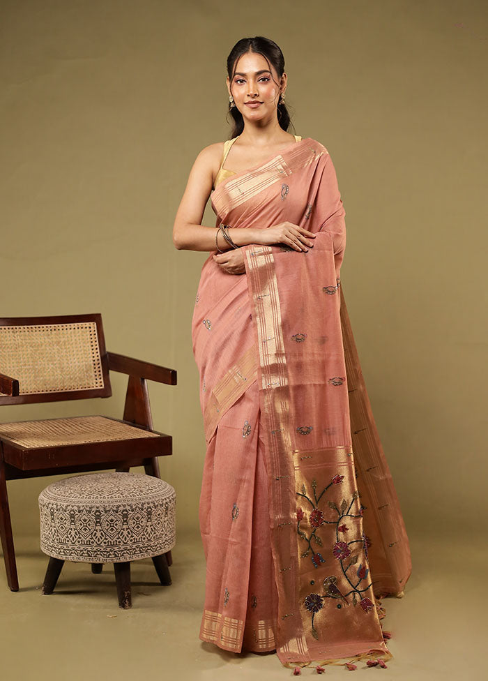 Pink Linen Silk Saree With Blouse Piece