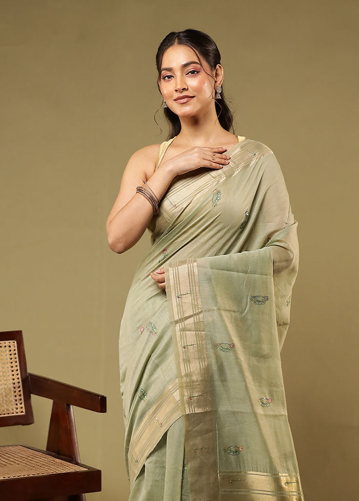 Green Linen Silk Saree With Blouse Piece