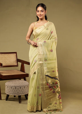 Green Linen Silk Saree With Blouse Piece