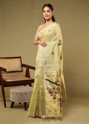 Green Linen Silk Saree With Blouse Piece