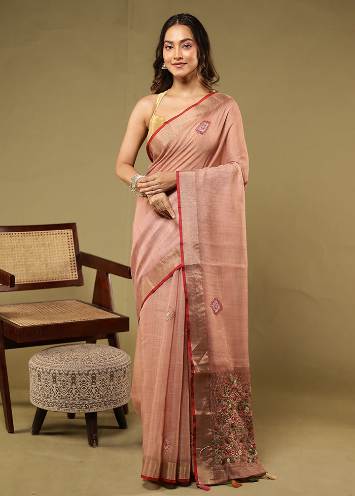 Pink Linen Silk Saree With Blouse Piece