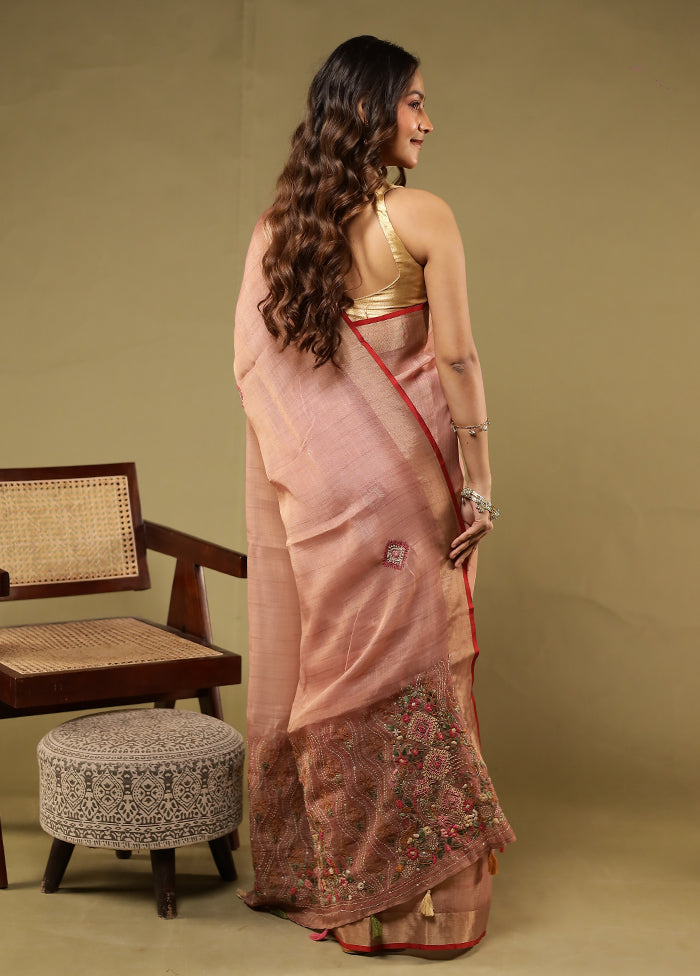 Pink Linen Silk Saree With Blouse Piece