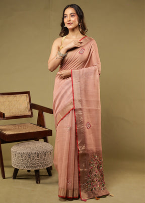 Pink Linen Silk Saree With Blouse Piece