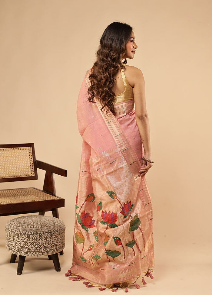 Pink Linen Silk Saree With Blouse Piece