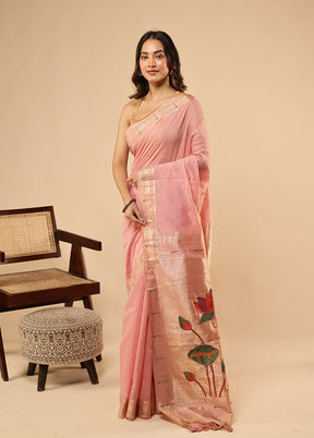 Pink Linen Silk Saree With Blouse Piece