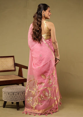 Pink Linen Silk Saree With Blouse Piece