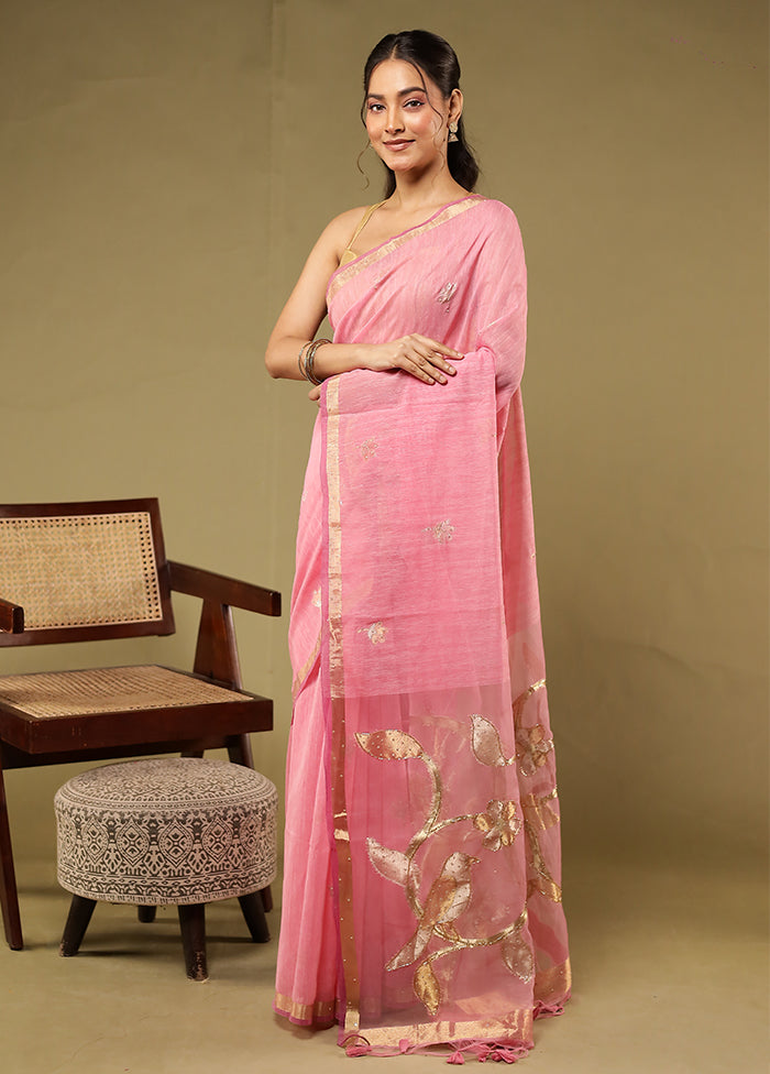 Pink Linen Silk Saree With Blouse Piece