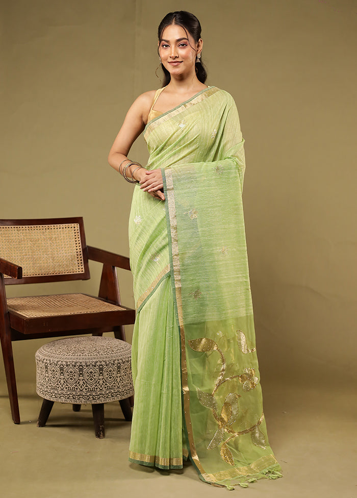 Green Linen Silk Saree With Blouse Piece