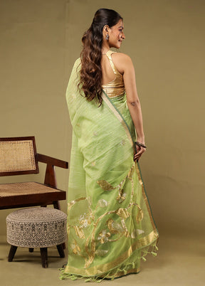 Green Linen Silk Saree With Blouse Piece