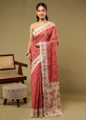 Pink Linen Silk Saree With Blouse Piece