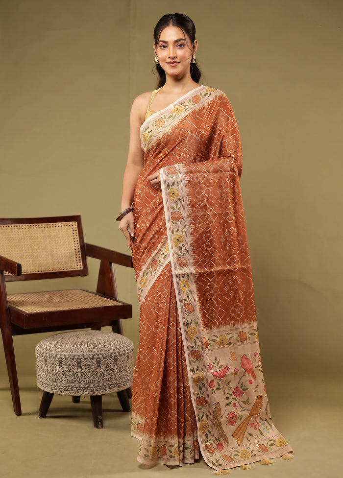 Rust Linen Silk Saree With Blouse Piece