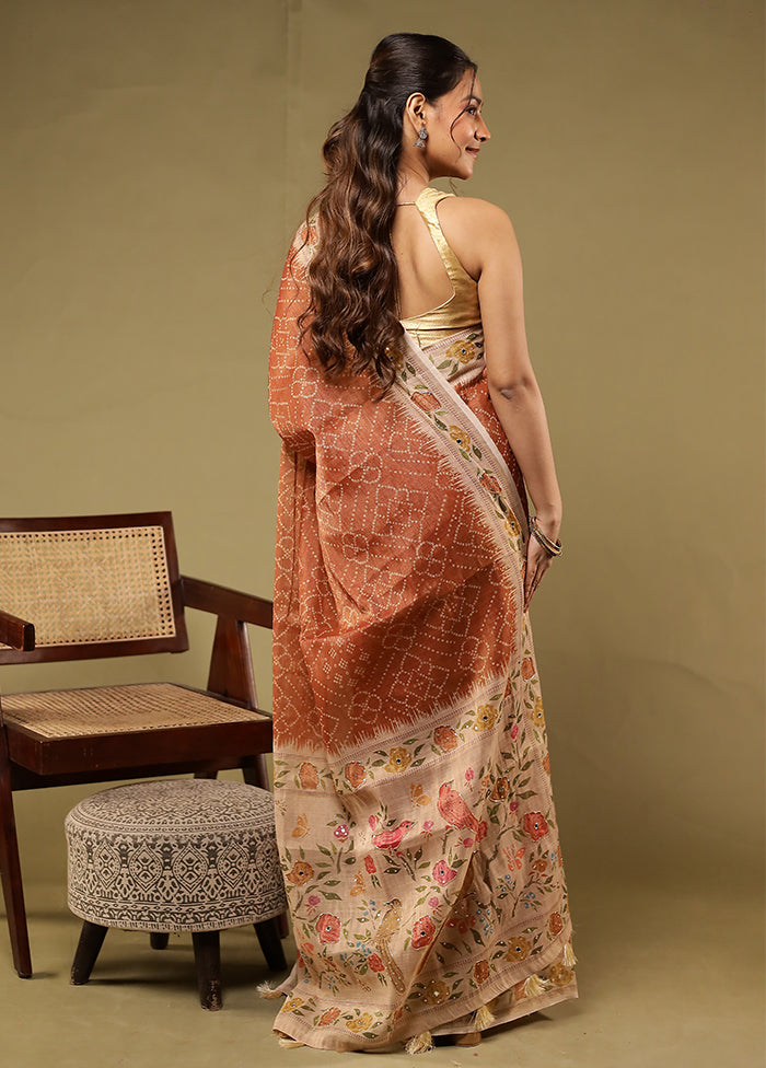 Rust Linen Silk Saree With Blouse Piece