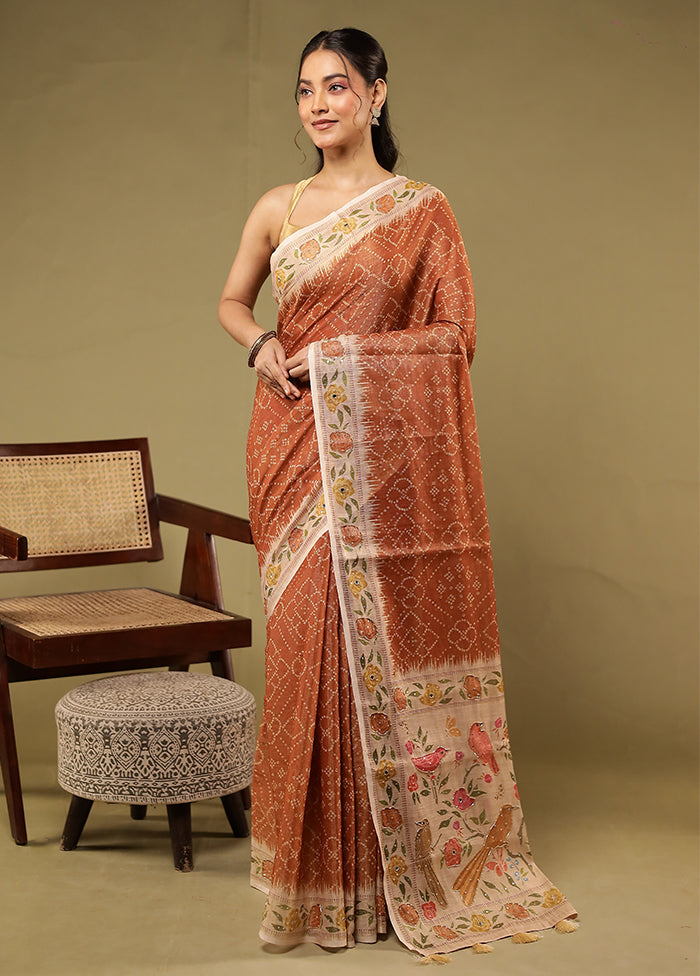 Rust Linen Silk Saree With Blouse Piece