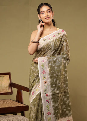 Green Linen Silk Saree With Blouse Piece