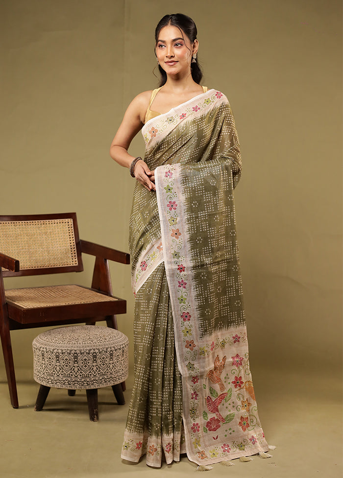 Green Linen Silk Saree With Blouse Piece