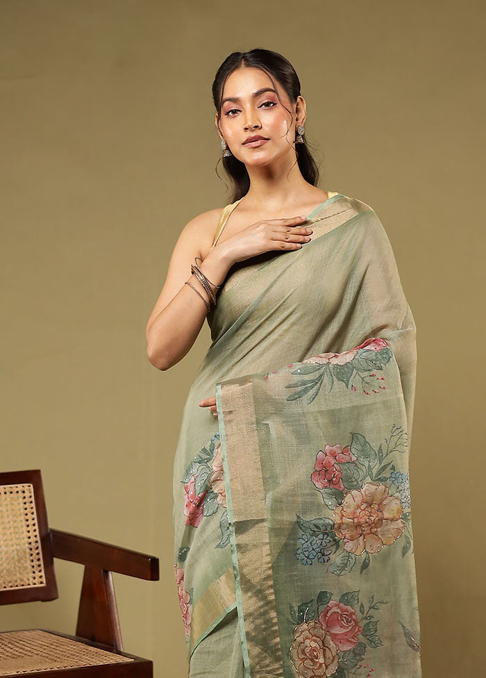 Green Linen Silk Saree With Blouse Piece