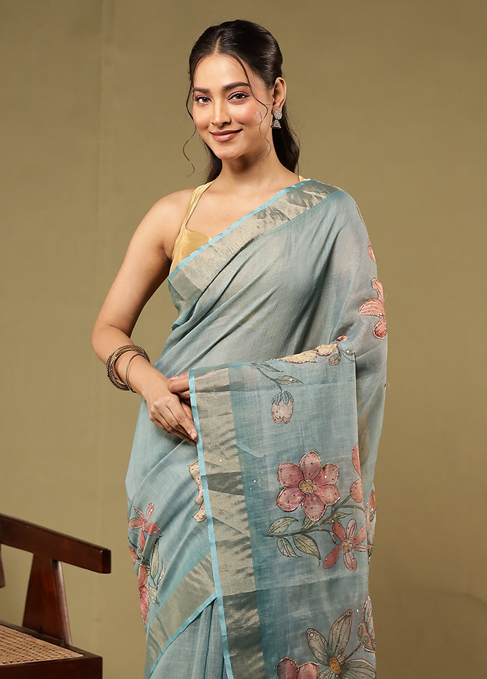 Blue Linen Silk Saree With Blouse Piece