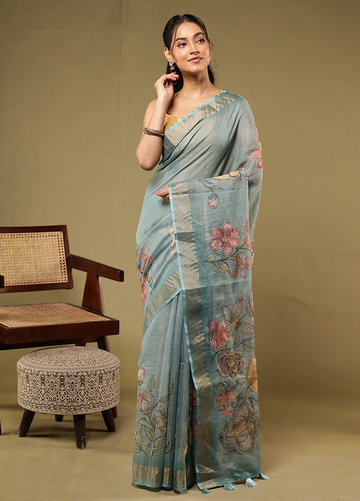 Blue Linen Silk Saree With Blouse Piece