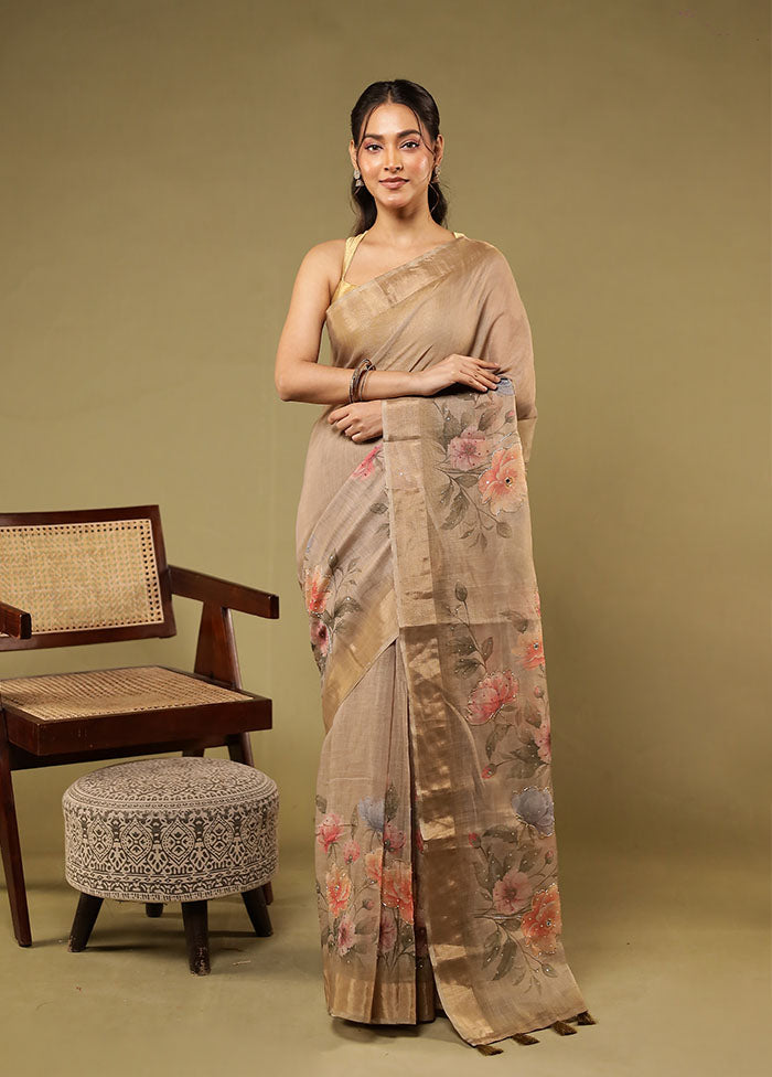 Cream Linen Silk Saree With Blouse Piece