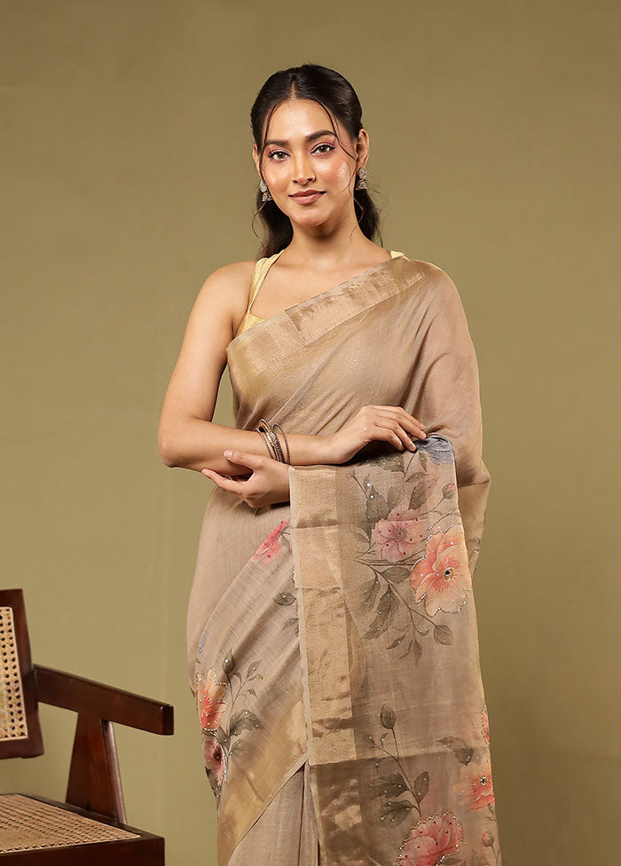 Cream Linen Silk Saree With Blouse Piece