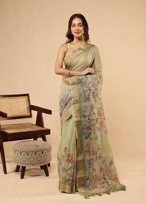 Green Linen Silk Saree With Blouse Piece