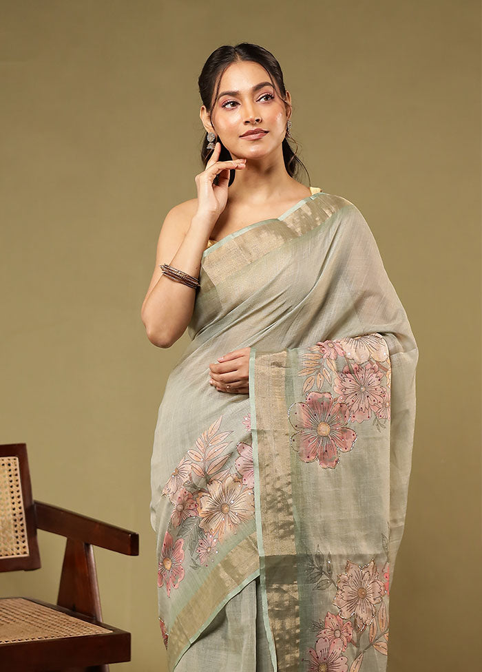 Green Linen Silk Saree With Blouse Piece