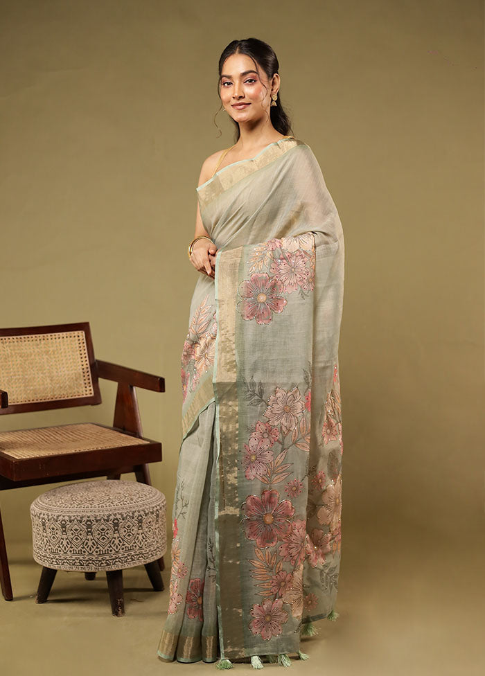 Green Linen Silk Saree With Blouse Piece