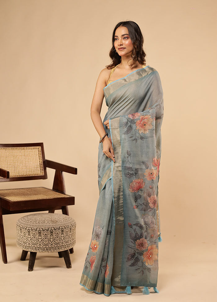Blue Linen Silk Saree With Blouse Piece
