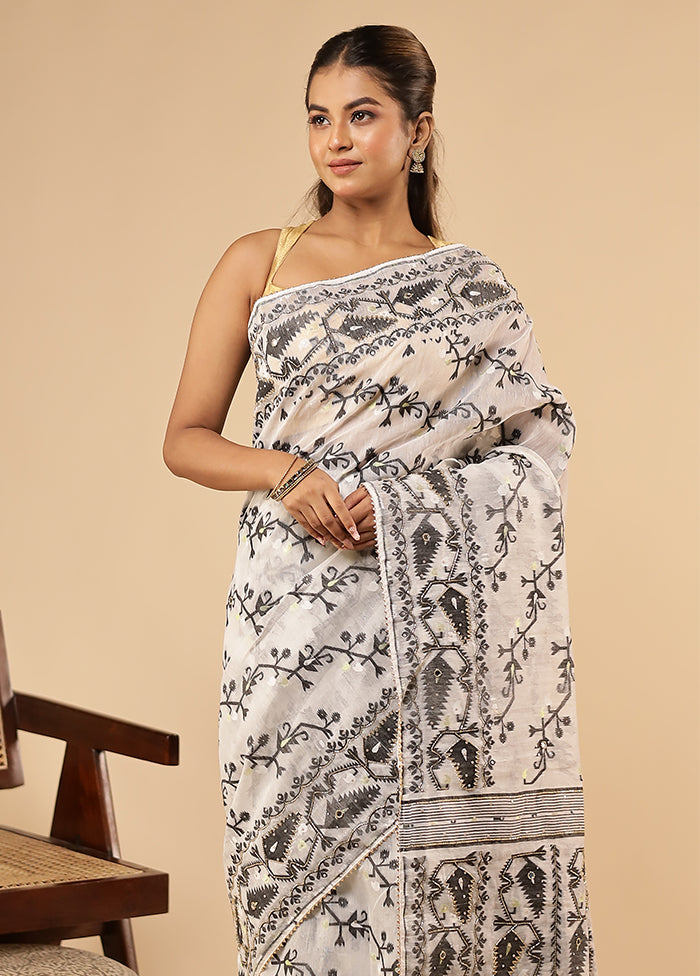 White Khadi Cotton Saree With Blouse Piece