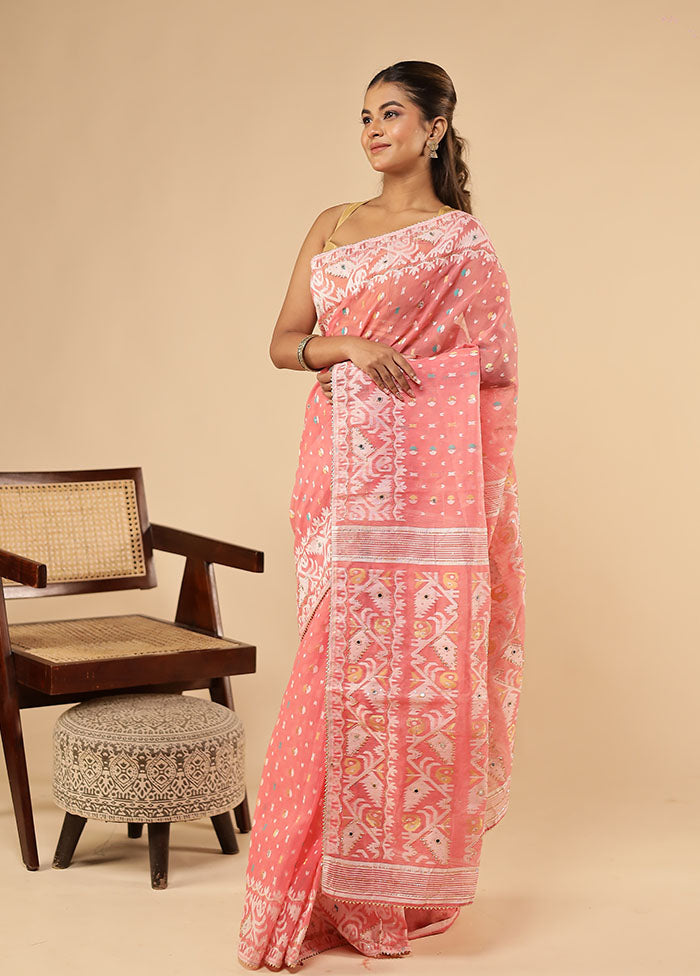 Pink Khadi Cotton Saree With Blouse Piece