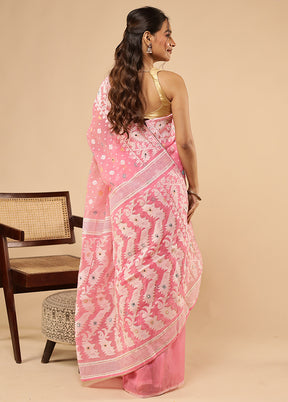 Pink Khadi Cotton Saree With Blouse Piece