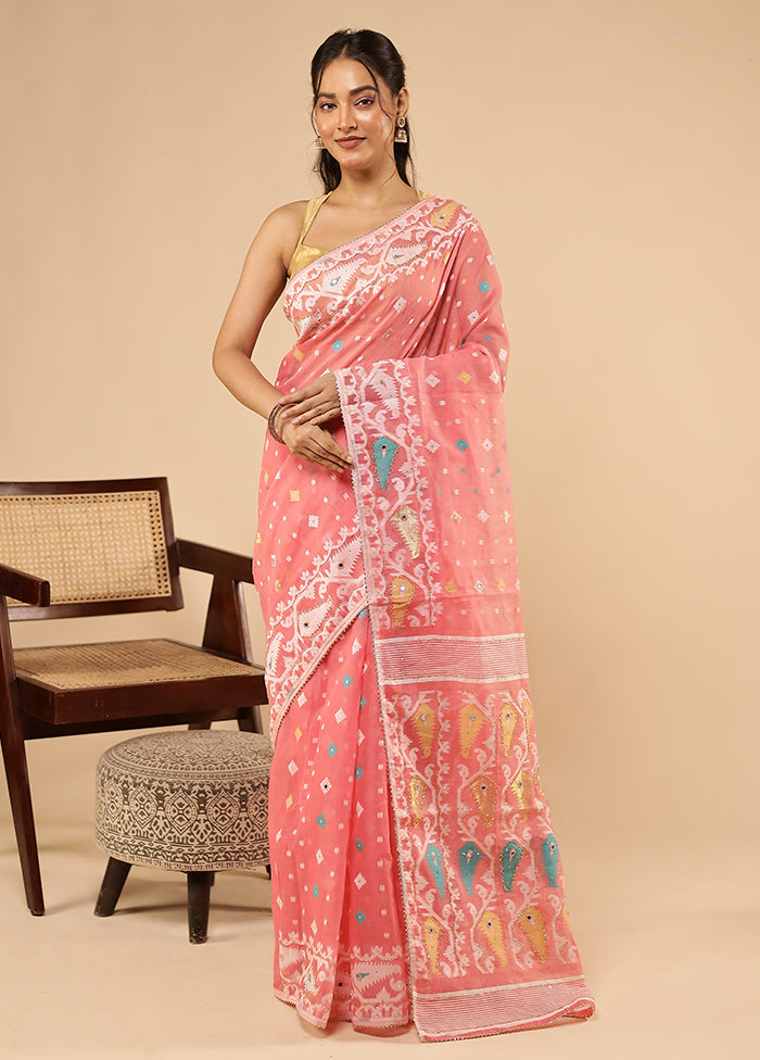 Pink Khadi Cotton Saree With Blouse Piece