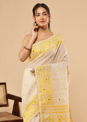 White Khadi Cotton Saree With Blouse Piece