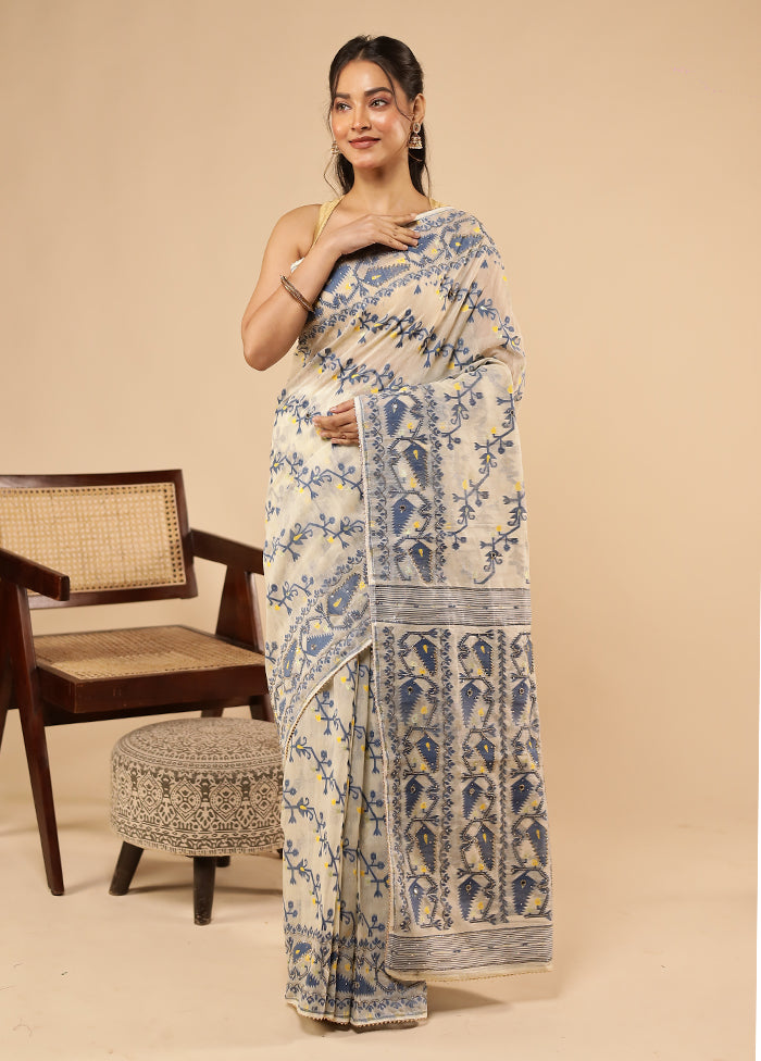 Cream Khadi Cotton Saree With Blouse Piece