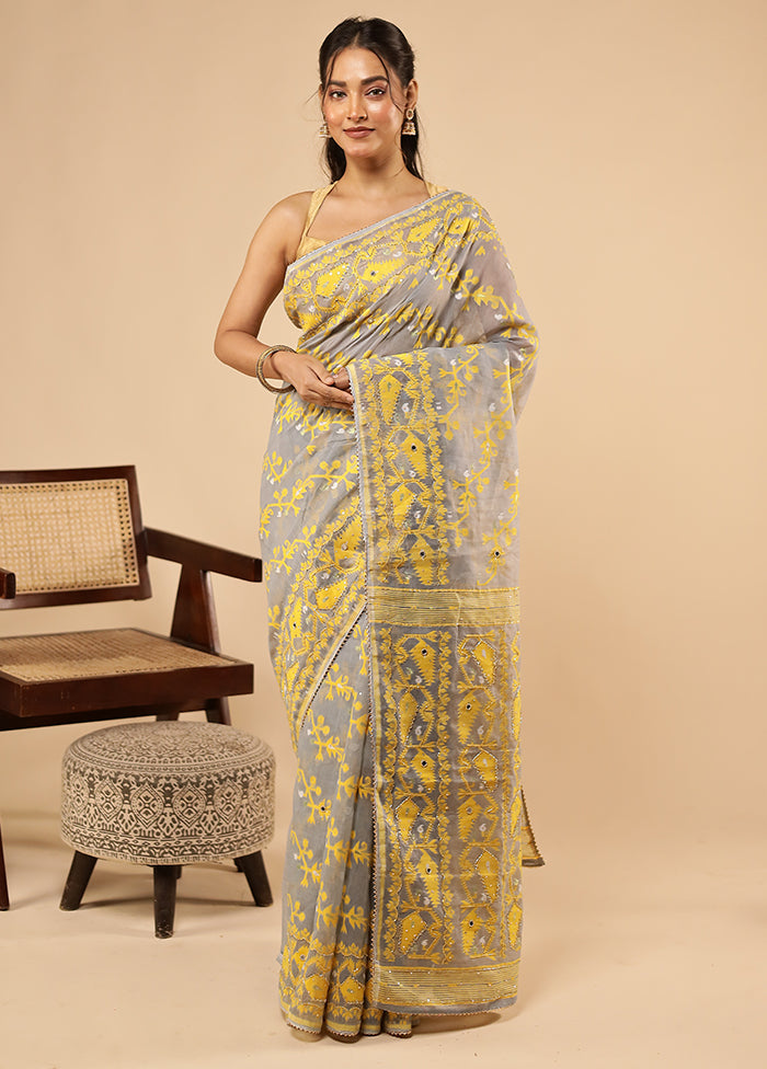 Grey Khadi Cotton Saree With Blouse Piece