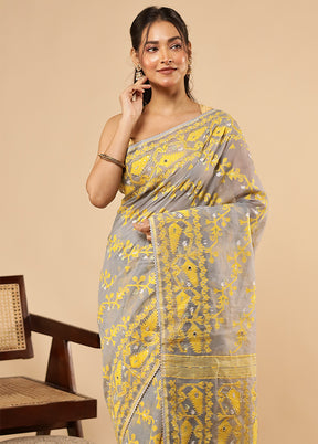 Grey Khadi Cotton Saree With Blouse Piece