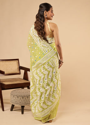 Green Khadi Cotton Saree With Blouse Piece
