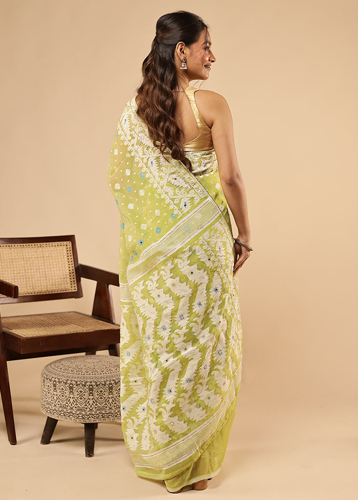 Green Khadi Cotton Saree With Blouse Piece