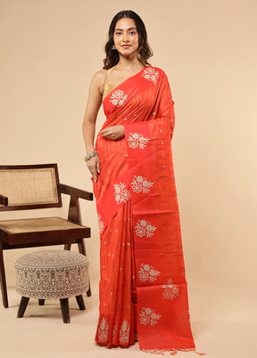 Orange Dupion Silk Saree With Blouse Piece