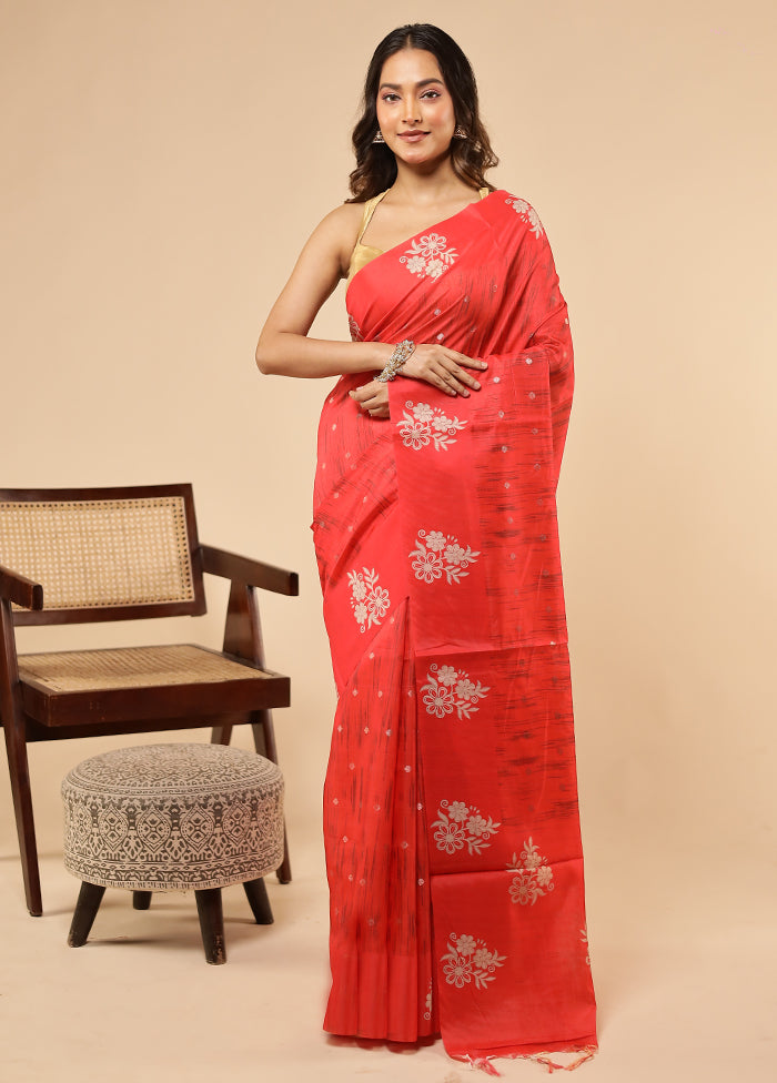 Red Dupion Silk Saree With Blouse Piece