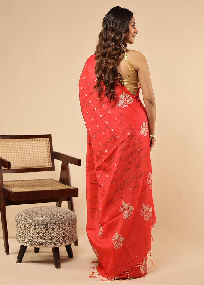 Red Dupion Silk Saree With Blouse Piece