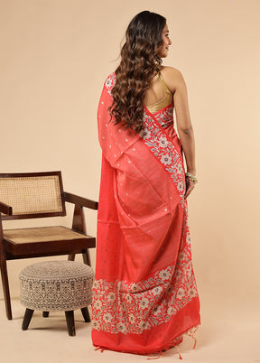 Red Dupion Silk Saree With Blouse Piece