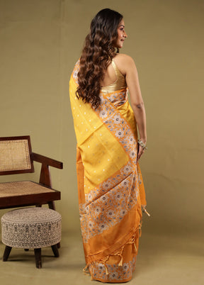 Yellow Dupion Silk Saree With Blouse Piece